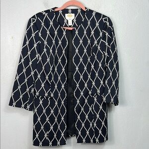 Talbots Navy Blue & White Print Lined Open Front Long Jacket 10